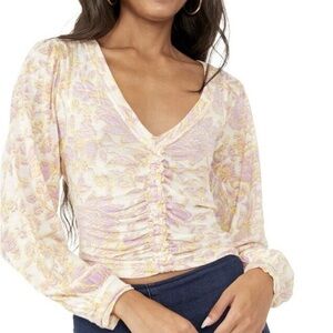 Free People Say The Word Floral Ruched V-Neck Top M Shirt Blouse Boho